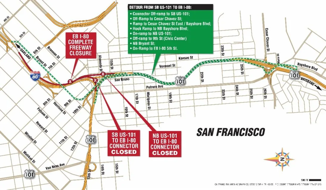 Detour map showing alternate routes during the closure of Interstate 80 Eastbound